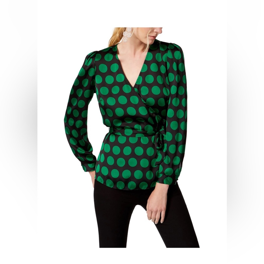 INC International Concepts Black and Green Wrap Blouse with Cuffed Puff Sleeves